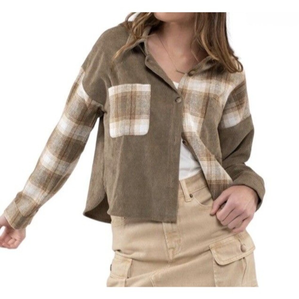 BLU PEPPER Olive Contrast Plaid Patchwork Shacket - Size M - Corduroy Button Up
